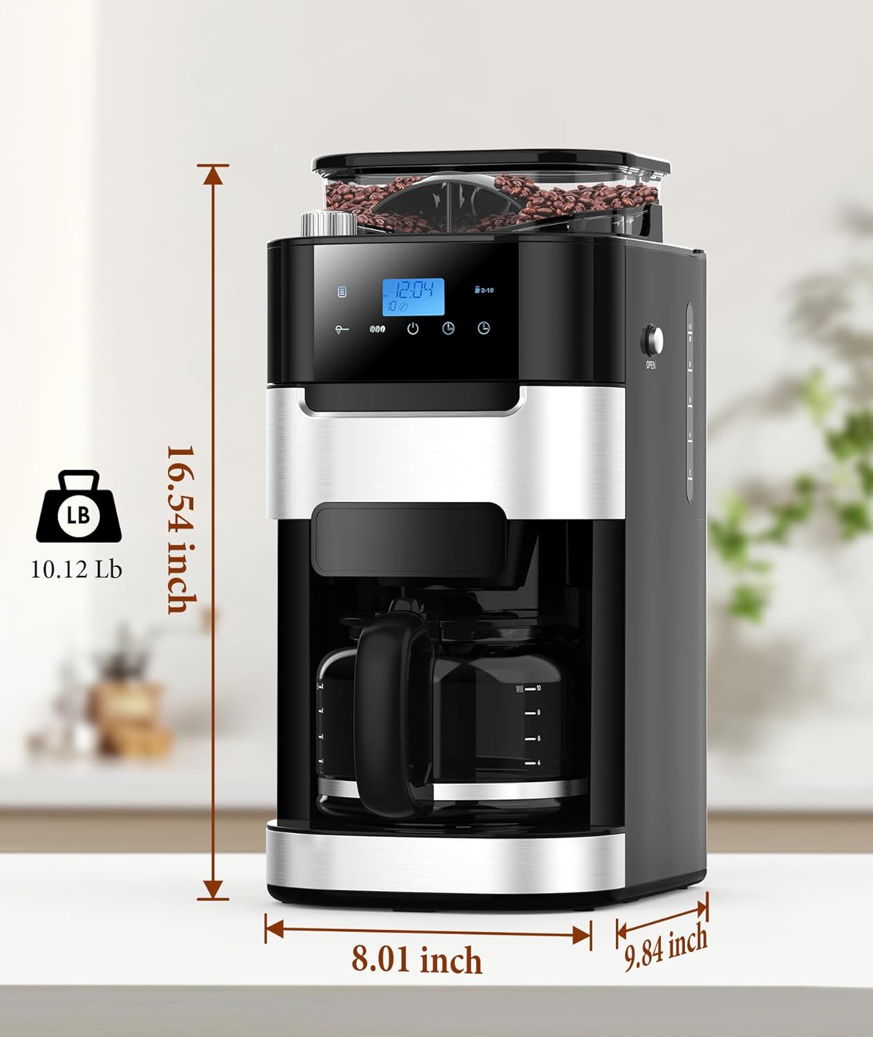 Kismile 10-Cup Drip Coffee Maker with Built-In Grinder