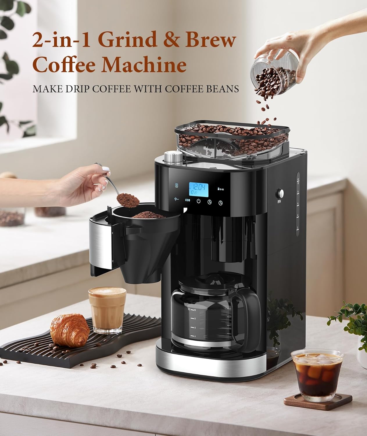 Kismile 10-Cup Drip Coffee Maker with Built-In Grinder
