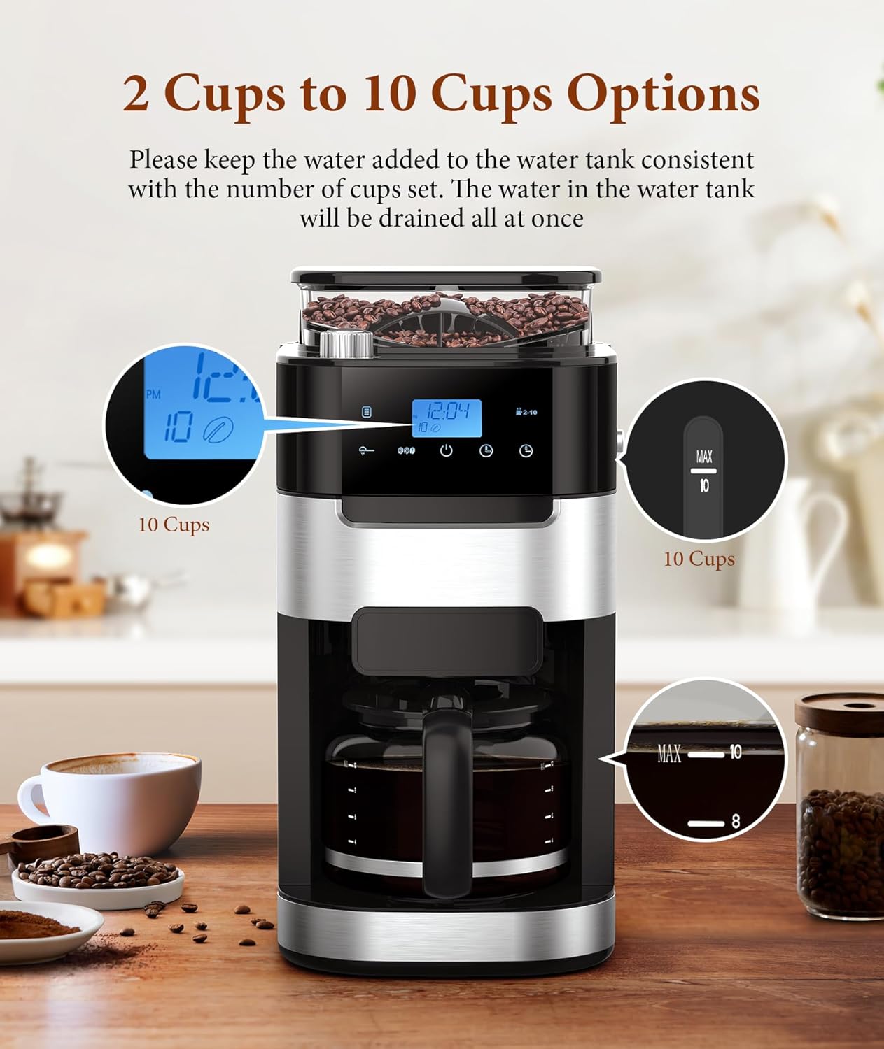 Kismile 10-Cup Drip Coffee Maker with Built-In Grinder