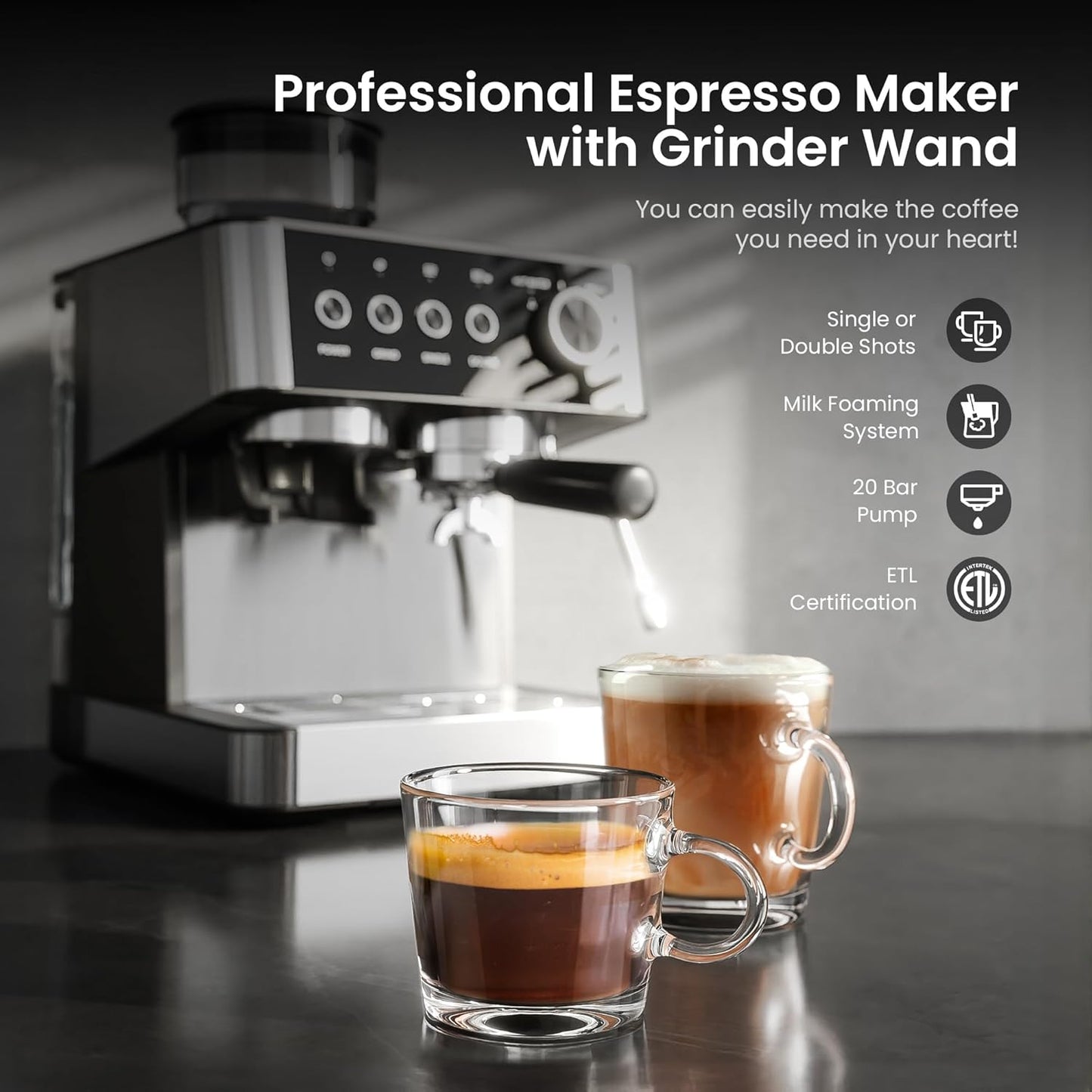 Kismile 20-Bar Espresso Machine with Built-in Grinder, CM8031