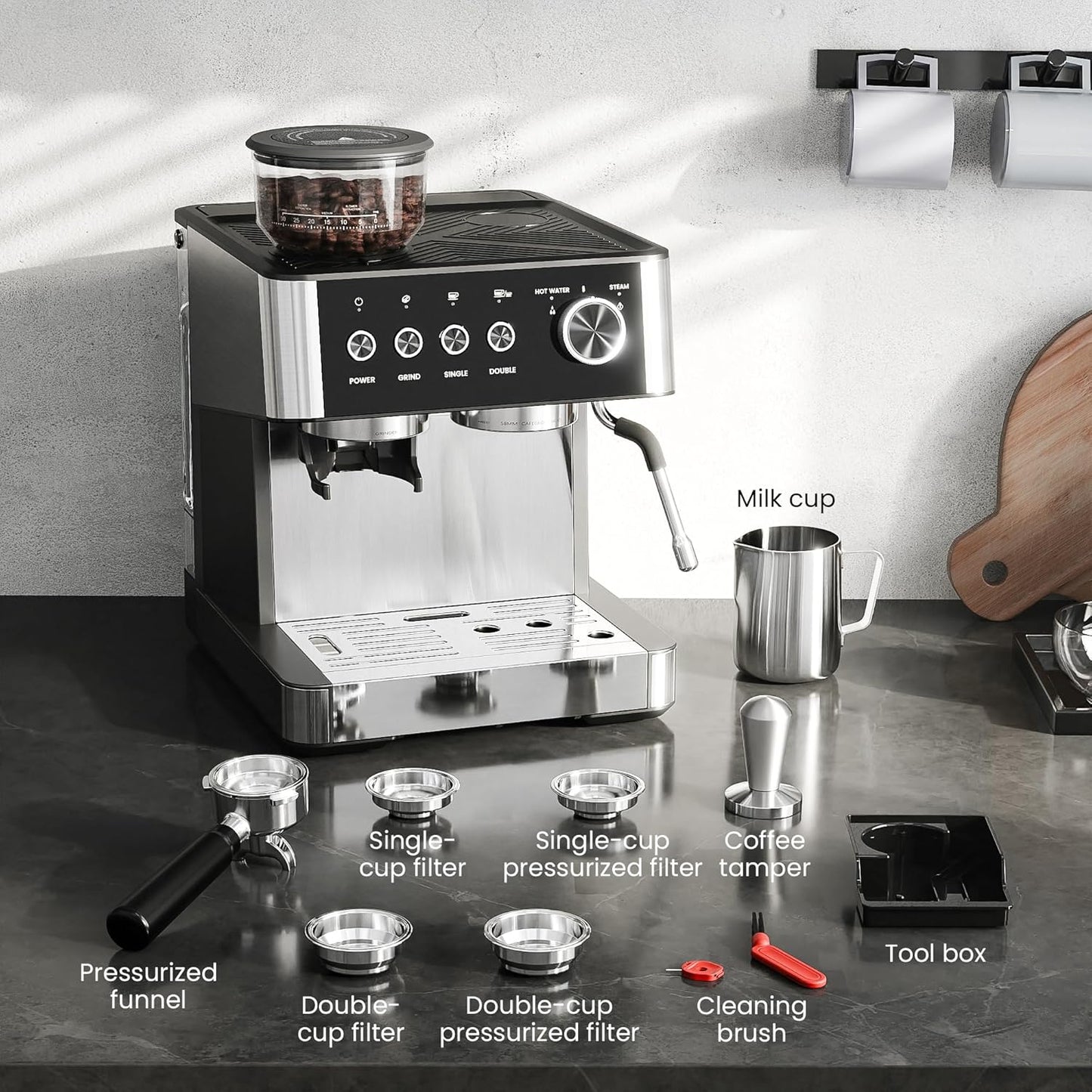 Kismile 20-Bar Espresso Machine with Built-in Grinder, CM8031