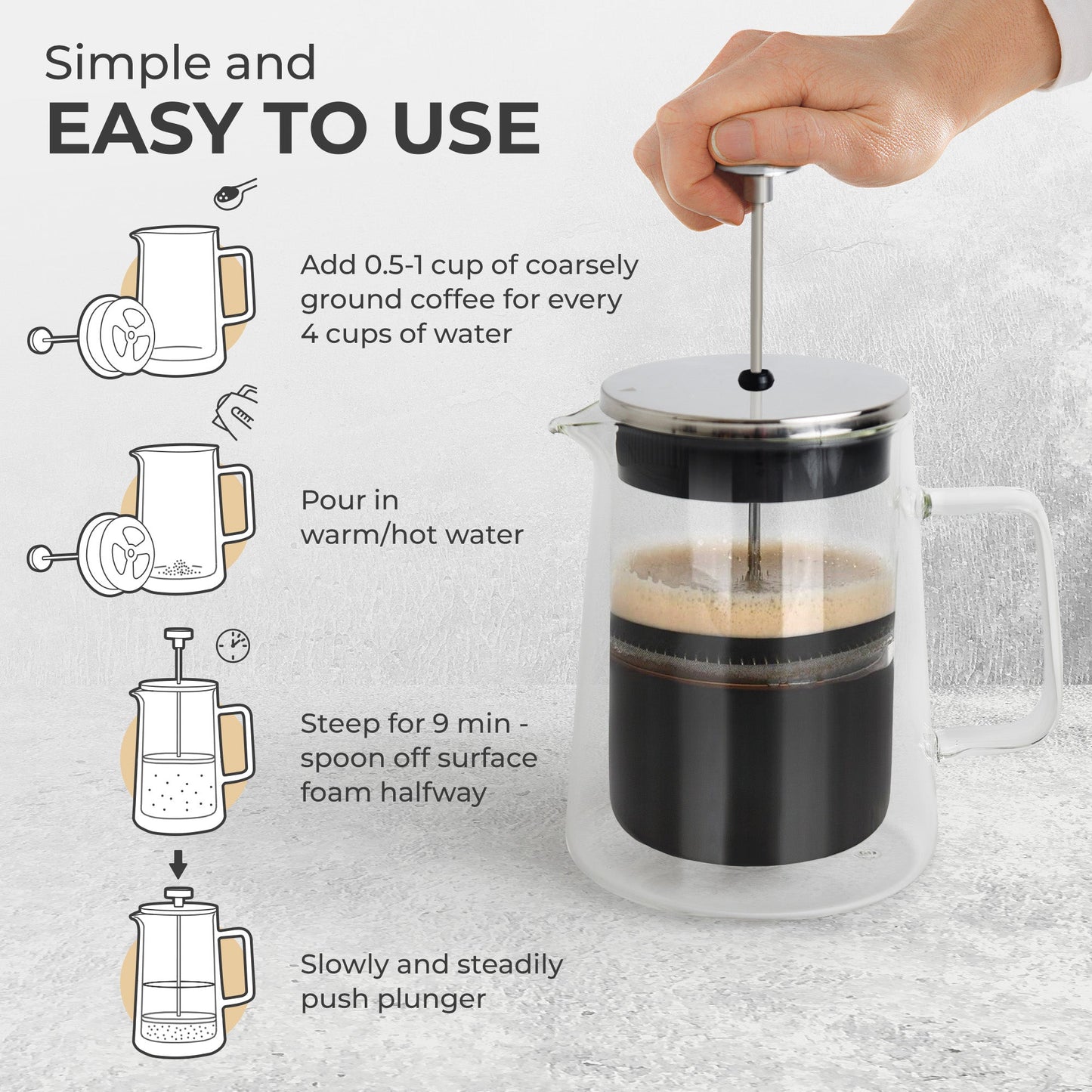 Kaffe Glass French Press Coffee Maker KF1010, 800ml Borosilicate Glass