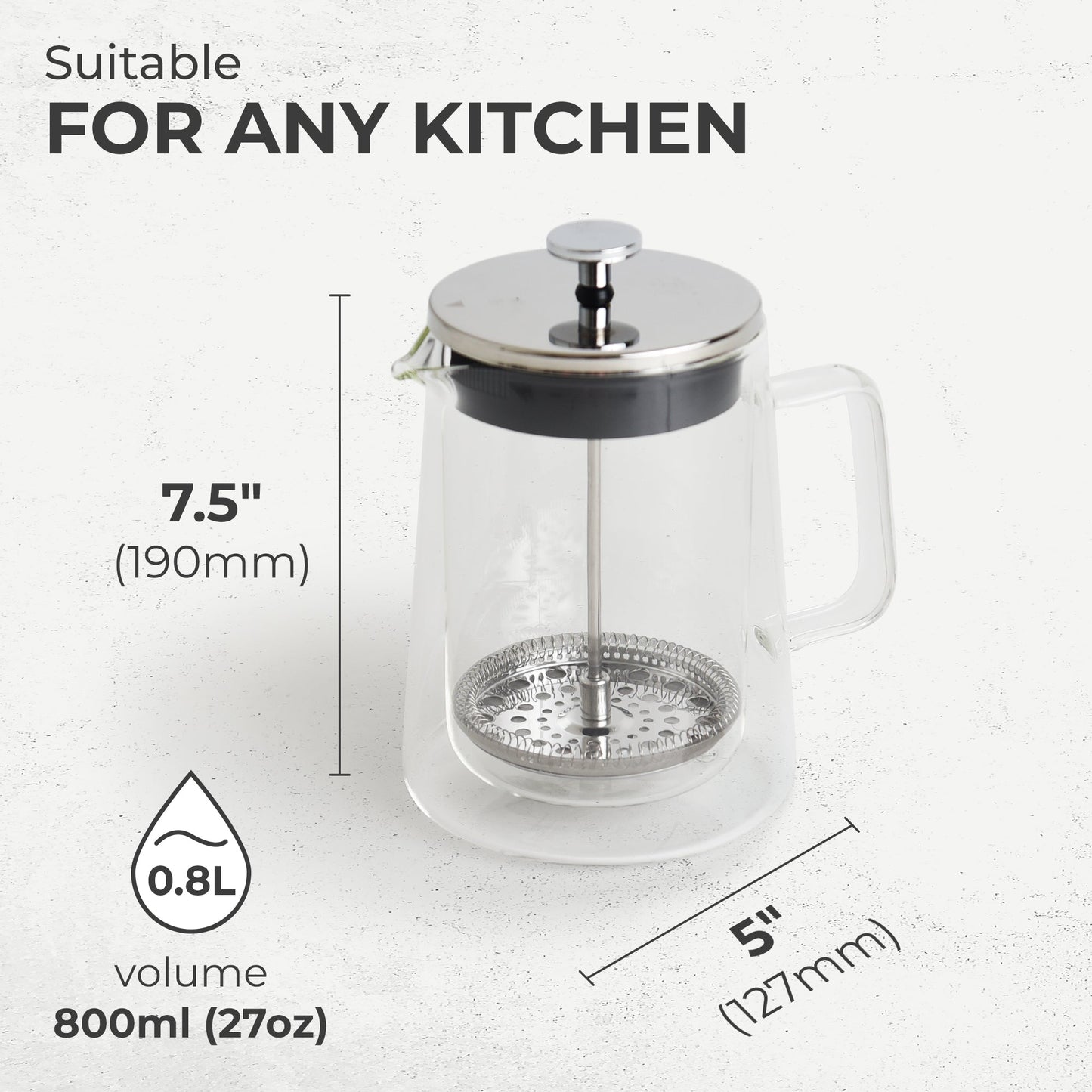 Kaffe Glass French Press Coffee Maker KF1010, 800ml Borosilicate Glass