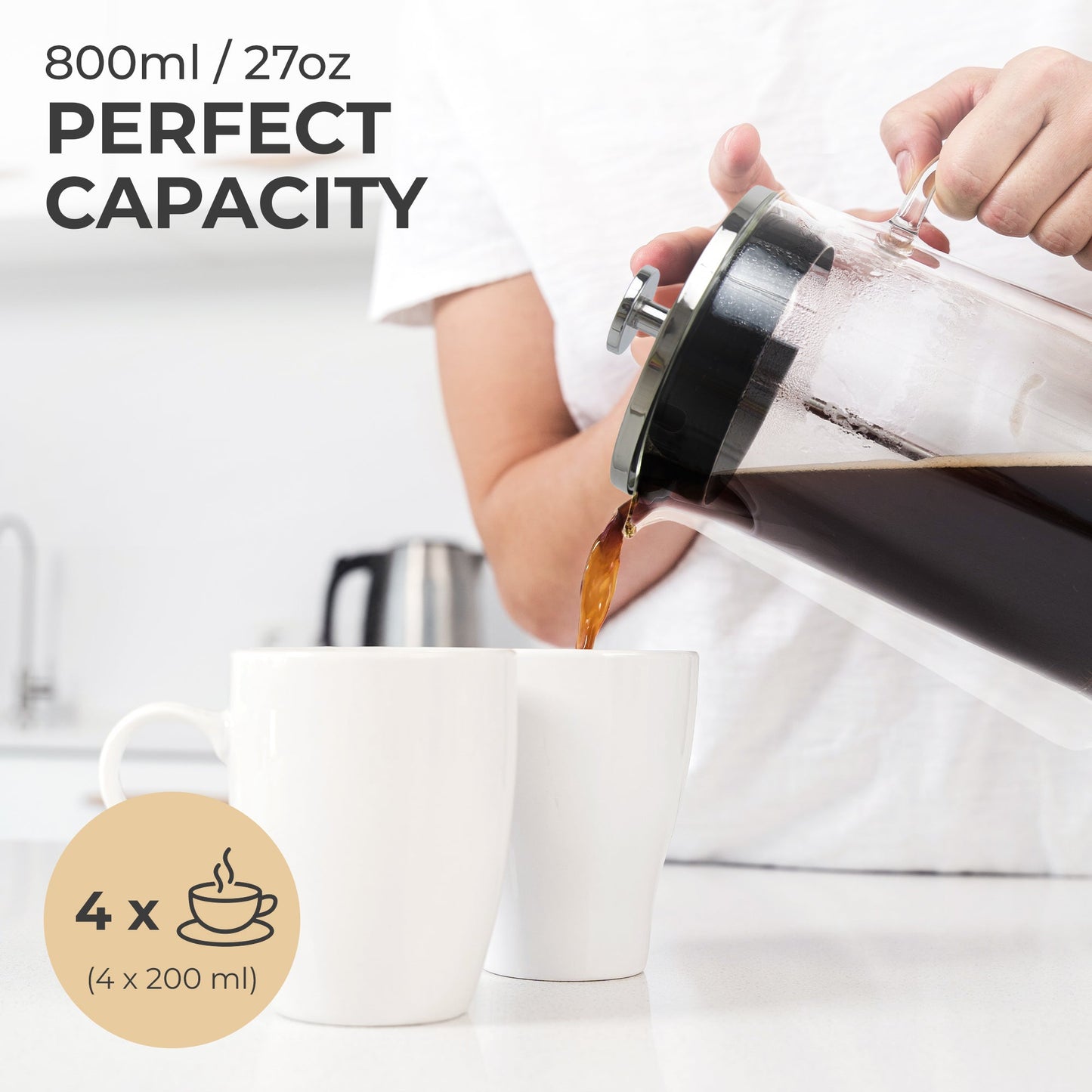 Kaffe Glass French Press Coffee Maker KF1010, 800ml Borosilicate Glass