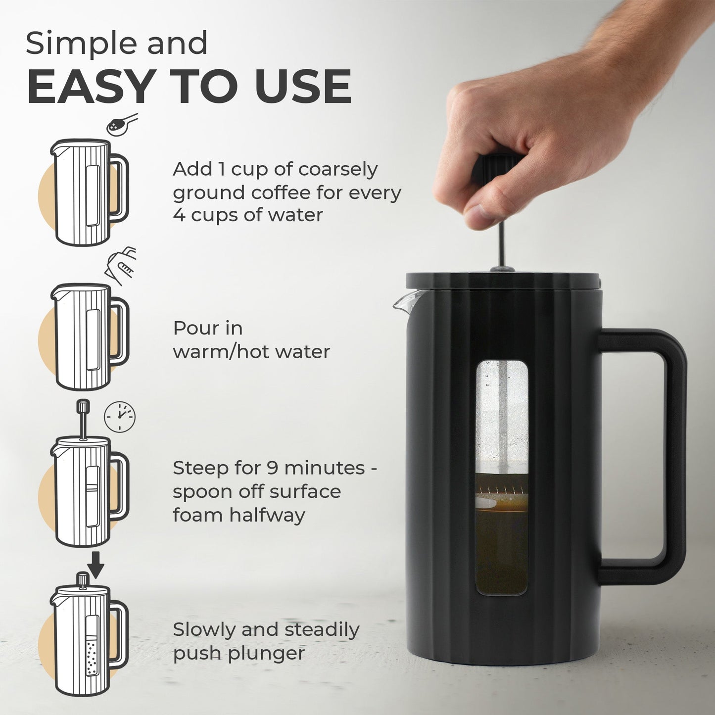 Kaffe Glass French Press Coffee Maker 800ml, Durable & Easy to Use, KF1111