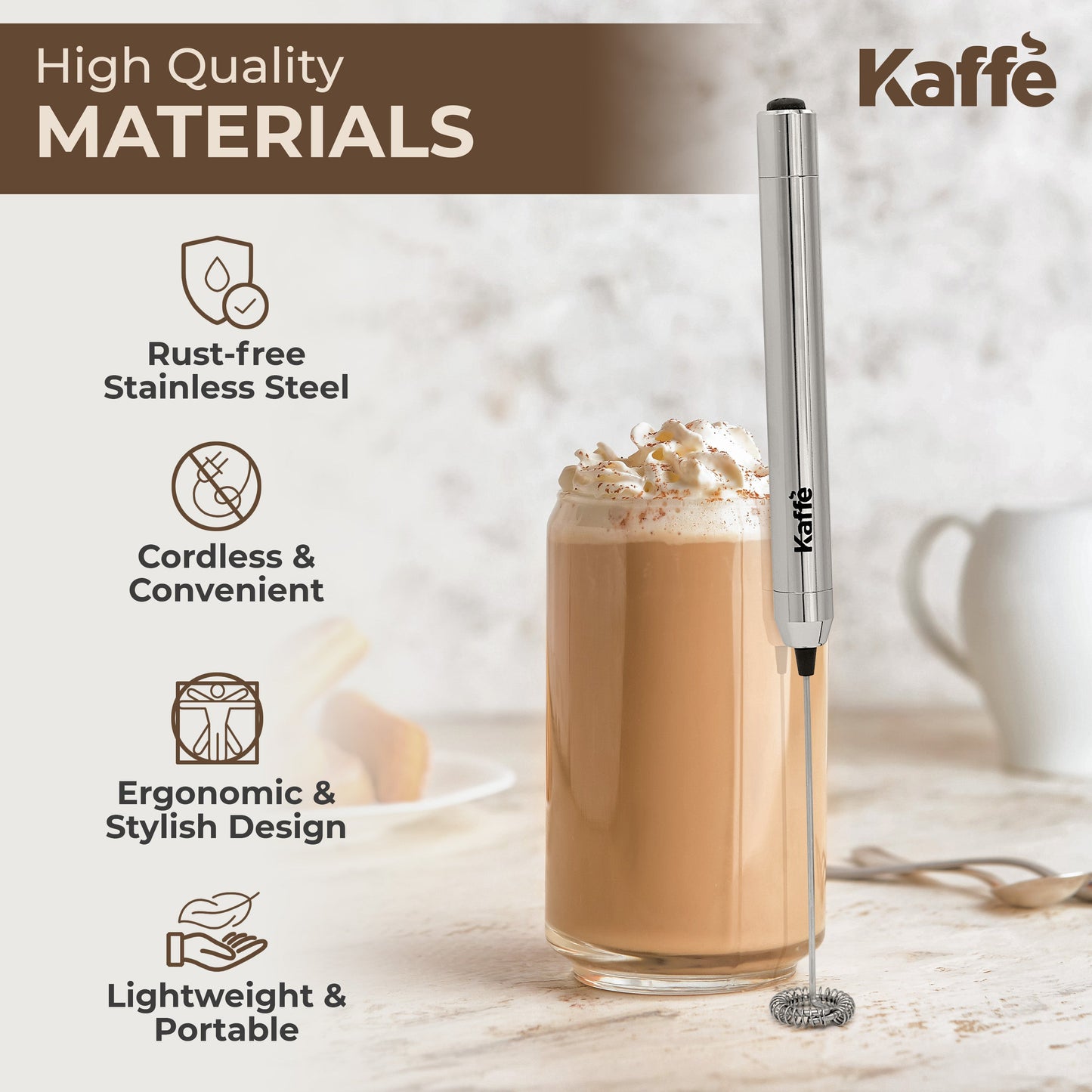 Kaffe Handheld Milk Frother KF6020NS – Portable Electric Foam Maker