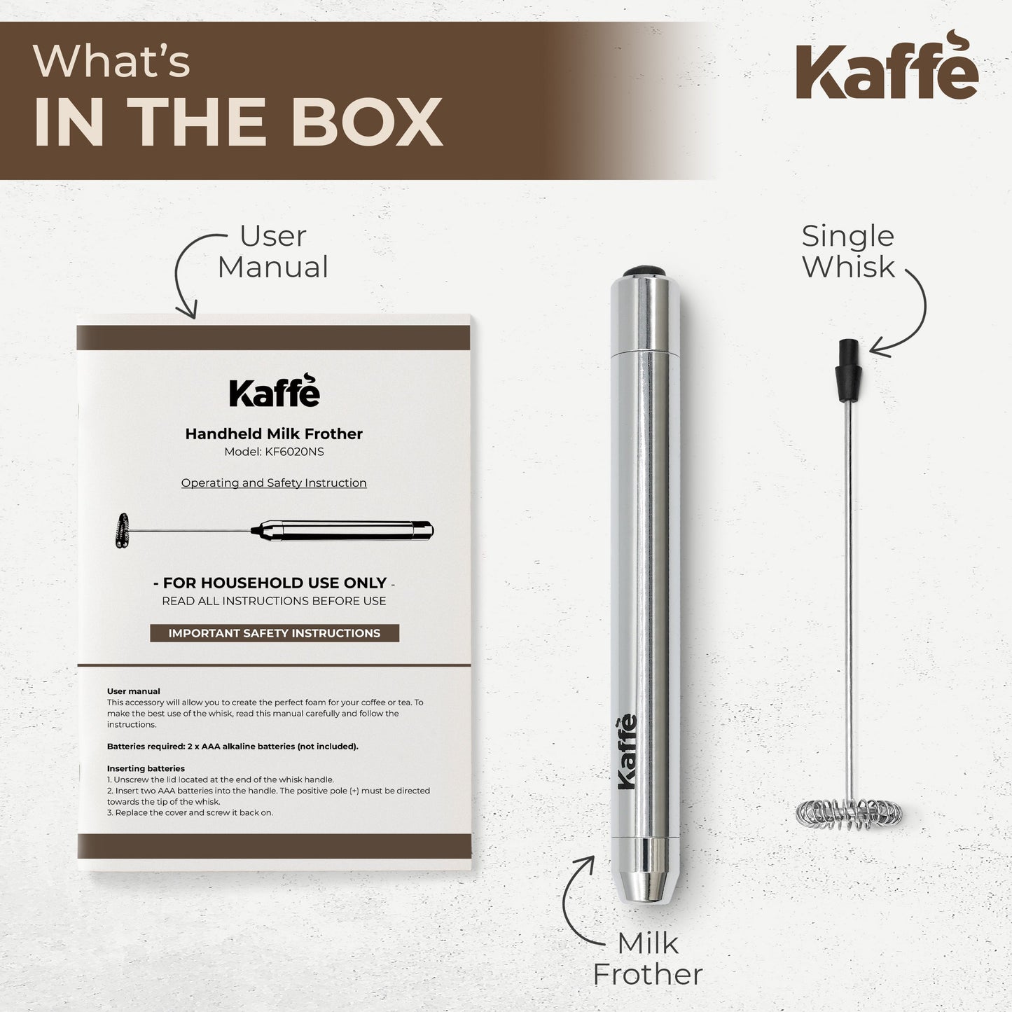 Kaffe Handheld Milk Frother KF6020NS – Portable Electric Foam Maker