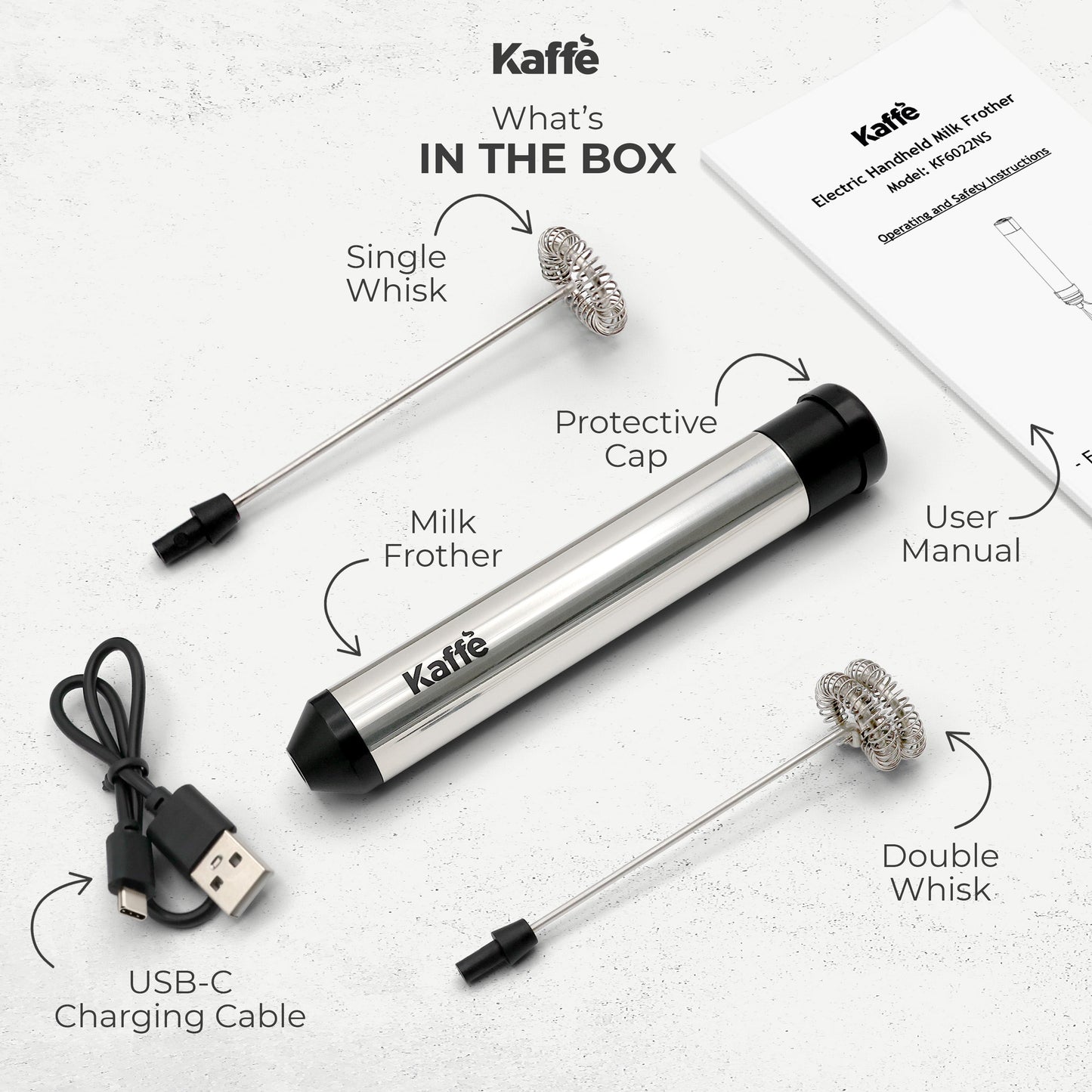 Kaffe Handheld Milk Frother KF6022NS – USB Rechargeable Foam Maker