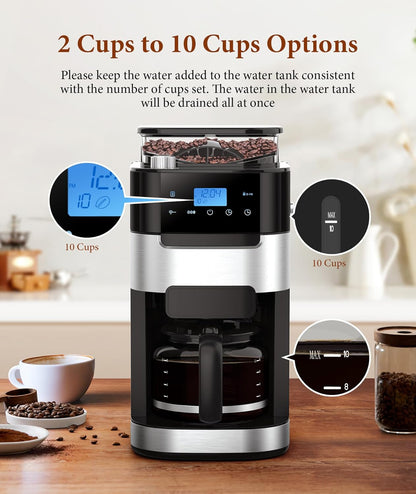 Kismile 10-Cup Drip Coffee Maker with Built-In Grinder